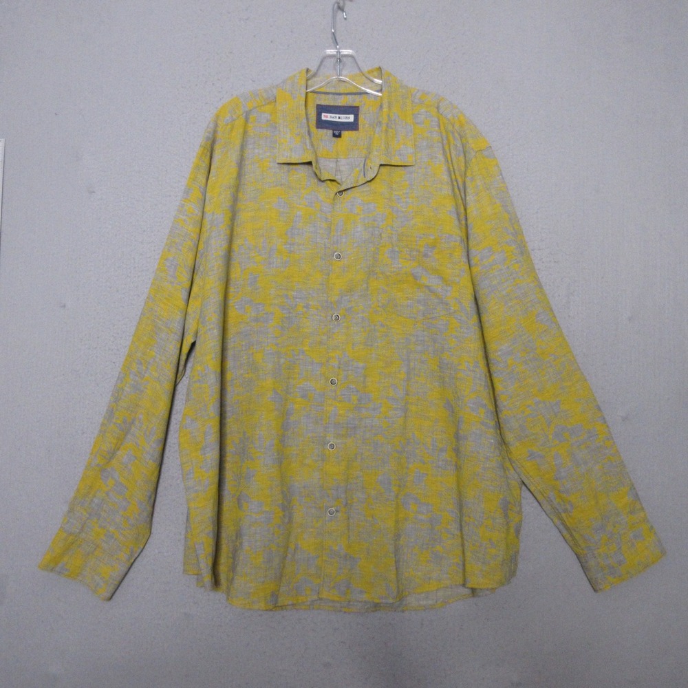 32 Bar Blues Shirt Men‎ XXL Yellow Floral Linen Blend Button Up Beachy Vacation